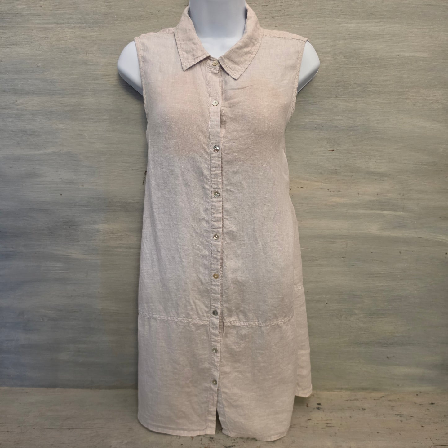 Tahari 100% Linen Beige Sleeveless Button Down Mini Shirt Dress Size Large Good Condition
