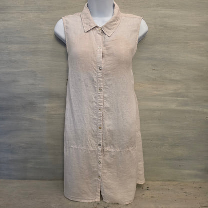 Tahari 100% Linen Beige Sleeveless Button Down Mini Shirt Dress Size Large Good Condition