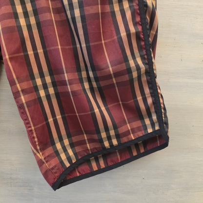 Burberry London Burgundy Black Tan Plaid Tie Waist Board Shorts Size Medium Good Condition