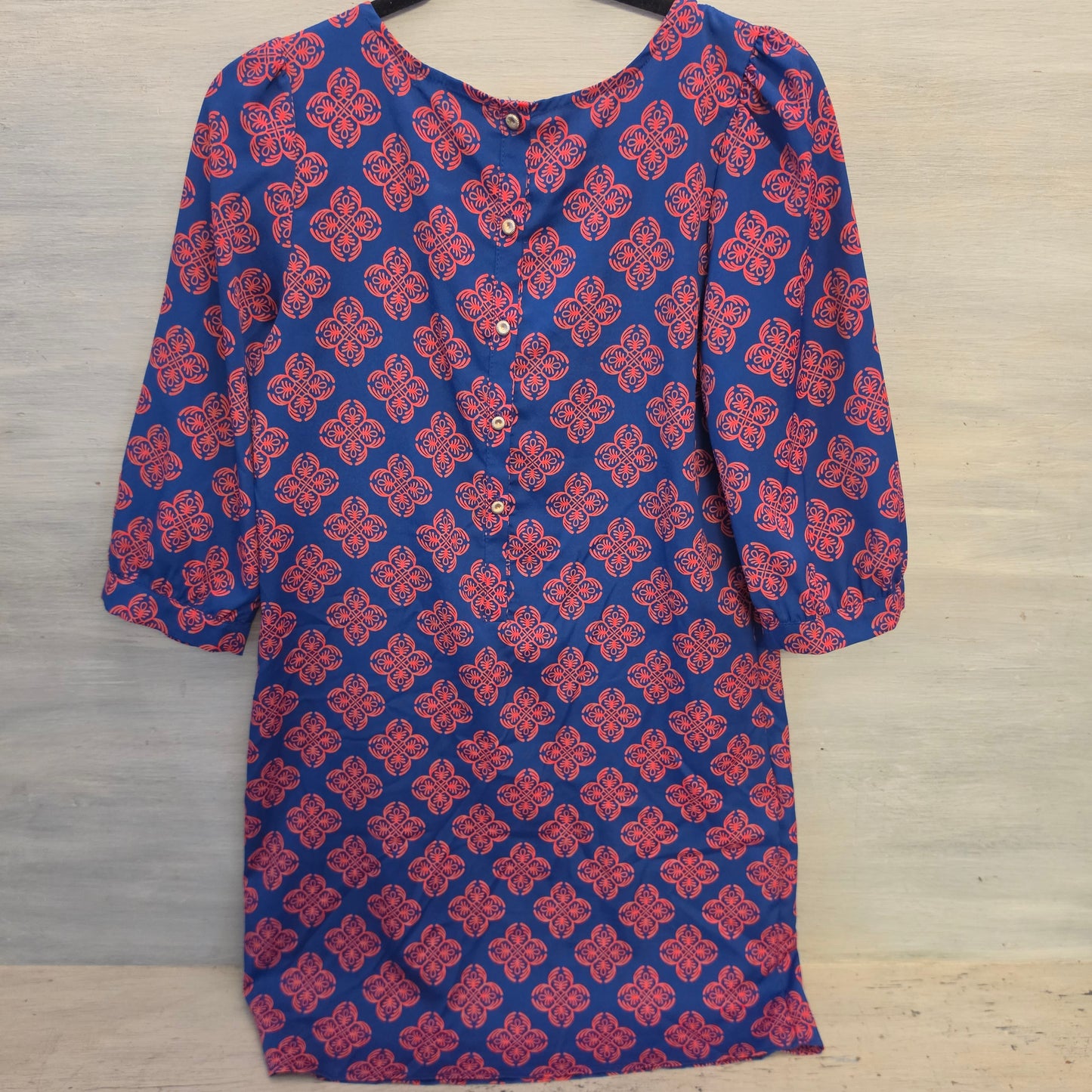Karlie Blue Red Geometric Block Print Floral Motif Shift Mini Dress Size Medium Good Condition