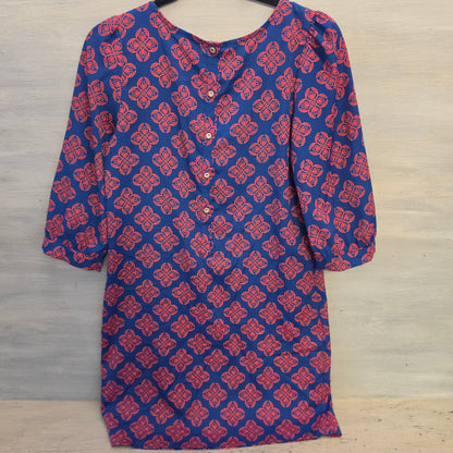 Karlie Blue Red Geometric Block Print Floral Motif Shift Mini Dress Size Medium Good Condition