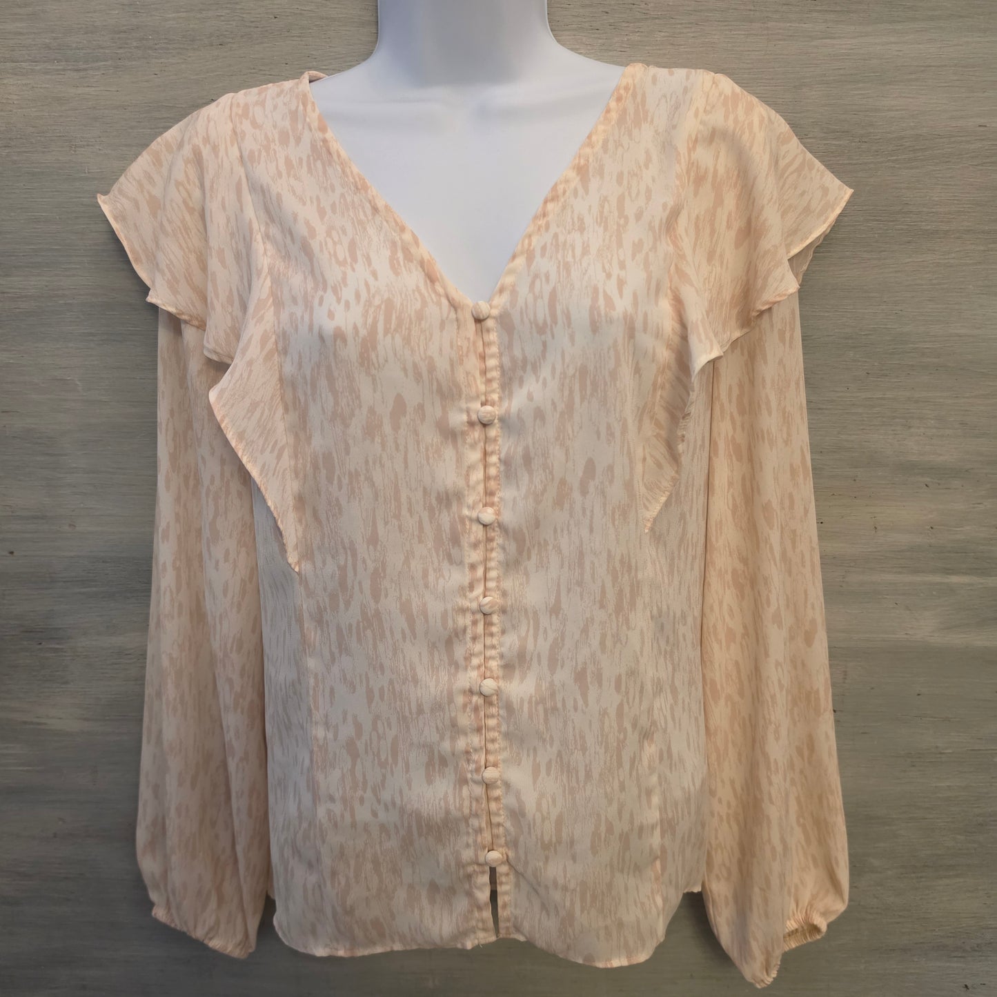 Nine West Pastel Pink Ivory Abstract Print Deep Vneck Button Down Blouse Size Medium Good Condition