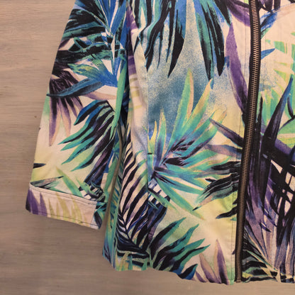 Chico's 98% Cotton Multi Color Abstract Palm Leaf Zip Up Jacket Size 2 Good Condition