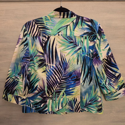 Chico's 98% Cotton Multi Color Abstract Palm Leaf Zip Up Jacket Size 2 Good Condition