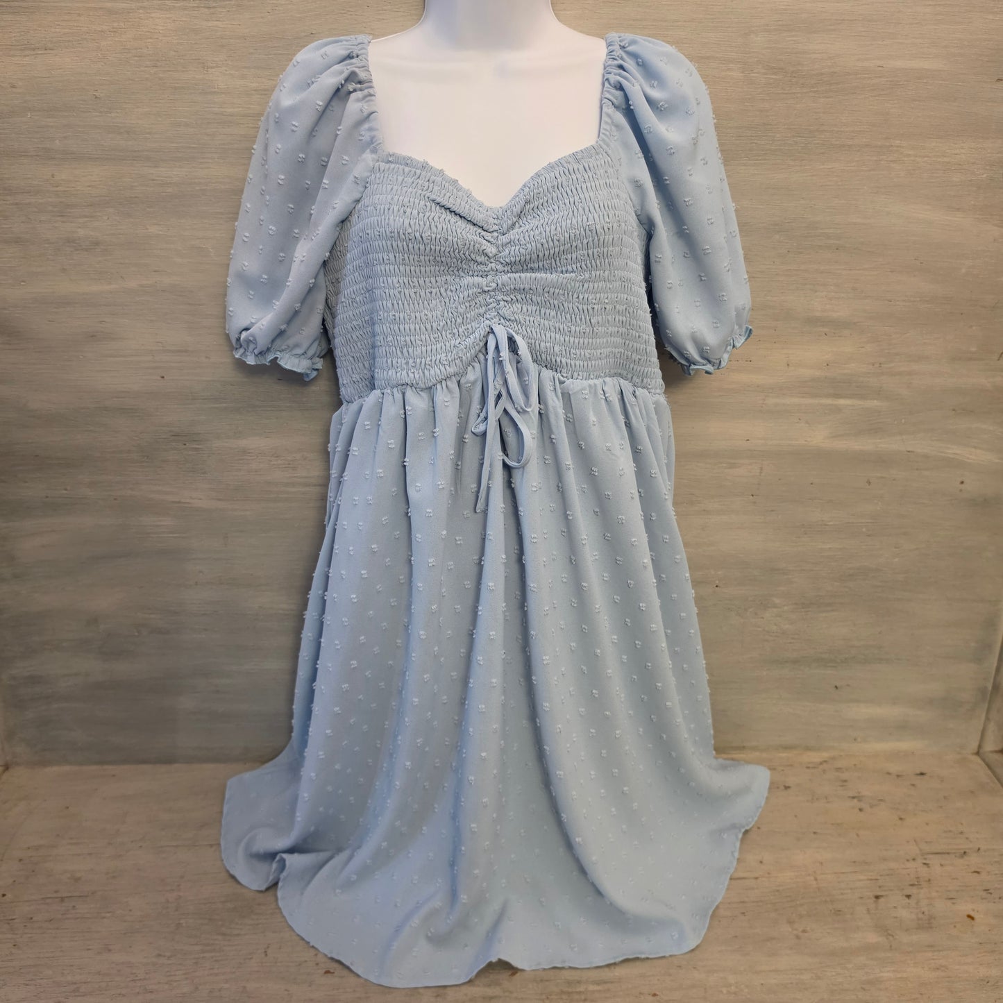 Pinup Fashion Pale Blue Swiss Dot Above Knee Baby Doll Dress Size Large Good Condition