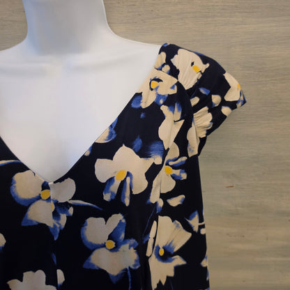 London Times Navy Floral Print Vneck Fit & Flare Midi Dress Size 2XL Good Condition