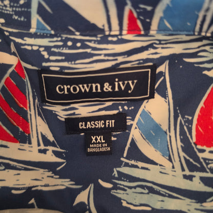 Crown & Ivy Classic Fit Sailboat Print Short Sleeve Button Down Shirt Size XXL Good Condition