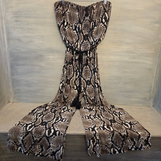 Sandiva Faux Snakeskin Strapless Tie Waist Wide Leg Jumpsuit Size XL Good Condition