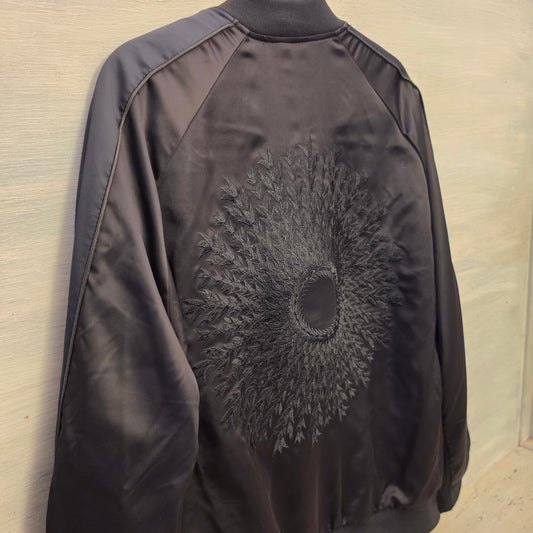 H&M Black Satiny Unisex Embroidered Floral Sunburst Bomber Jacket Size Large Good Condition