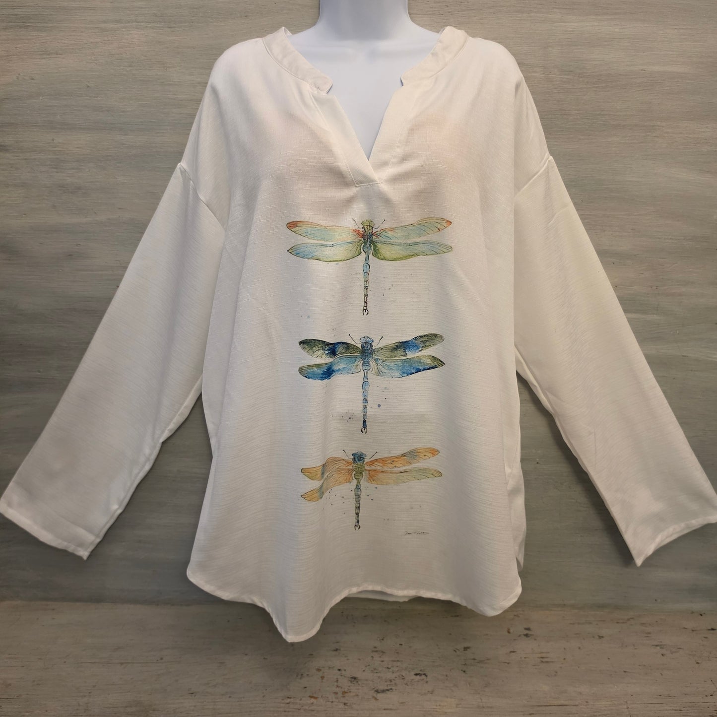 Colorful Watercolor Dragonfly Print Split Collar Vneck Lightweight Blouse Size XL Good Condition
