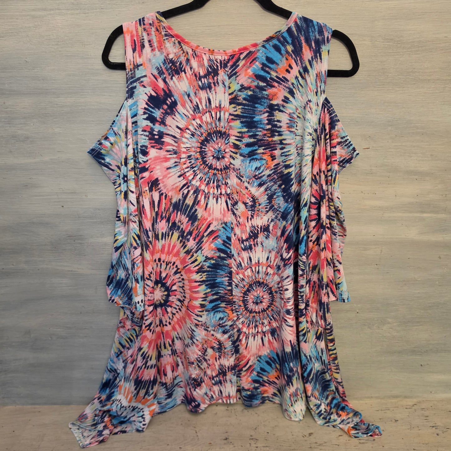 Vibrant Multicolor Tie Dye Cut Out Cold Shoulder Tunic Top Size 2XL Good Condition