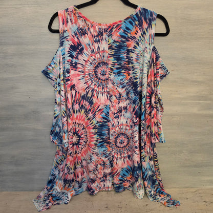 Vibrant Multicolor Tie Dye Cut Out Cold Shoulder Tunic Top Size 2XL Good Condition