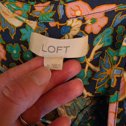 Loft Colorful Floral & Medallion Print High Low Hem Tunic Blouse Size Medium Good Condition