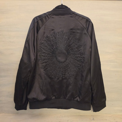 H&M Black Satiny Unisex Embroidered Floral Sunburst Bomber Jacket Size Large Good Condition