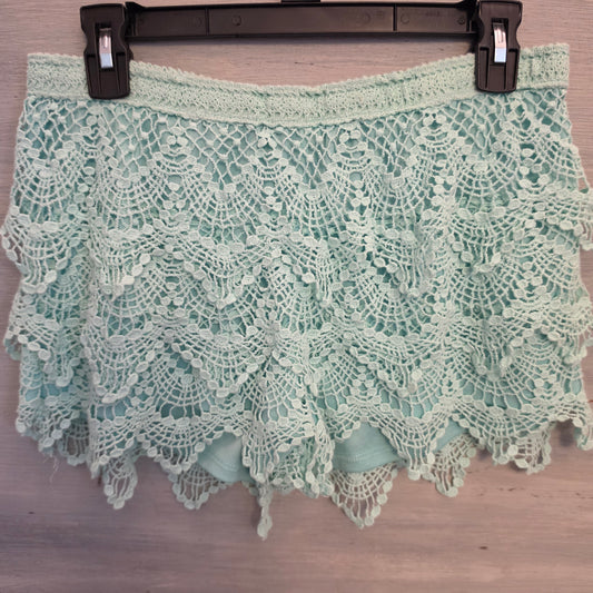 Rewind 100% Cotton Outer Mint Green Boho Crochet Lace Lined Mini Shorts Size Large Good Condition