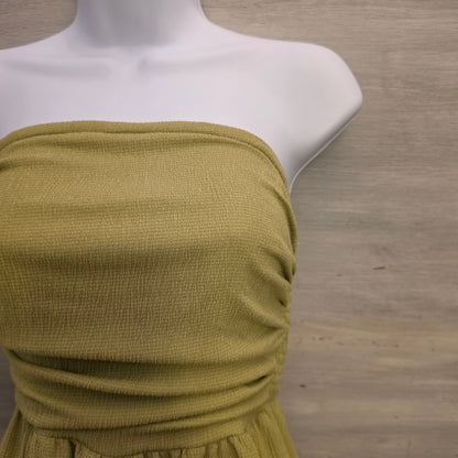 Shein Chartreuse Green Crepe Ruched Strapless Wide Leg Jumpsuit Size Small Good Condition
