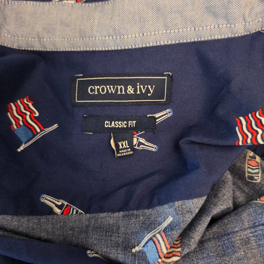 Crown & Ivy 98% Cotton Classic Fit Patriotic Flag Print Button Down Shirt Size XXL Good Condition