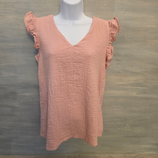 Dokotoo 100% Cotton Blush Pink Muslin Ruffle Cap Sleeve Vneck Blouse Size Small Good Condition