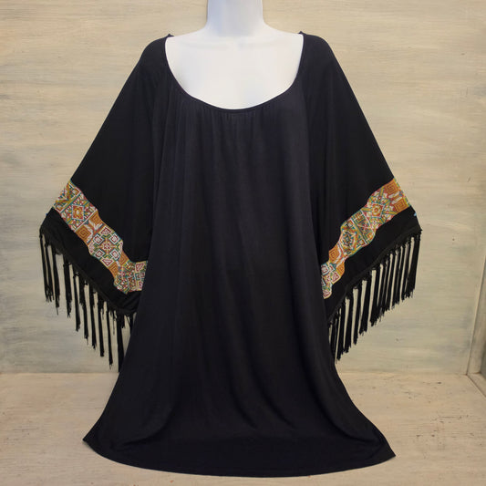 Voll Black Oversized Kaftan Dress w/ Aztec Block Print Batwing Sleeves Size 2XL Good Condition