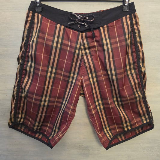 Burberry London Burgundy Black Tan Plaid Tie Waist Board Shorts Size Medium Good Condition