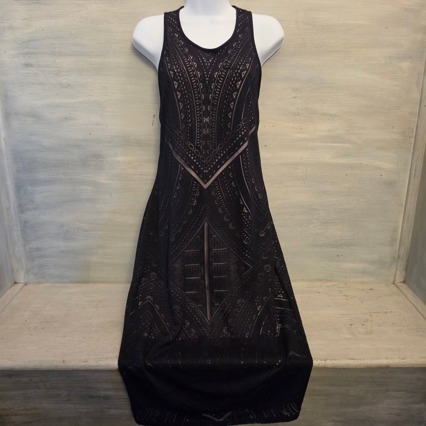 Mossimo Black Geometric Mesh Overlay Midi Dress w/ Nude Liner Size Medium Good Condition