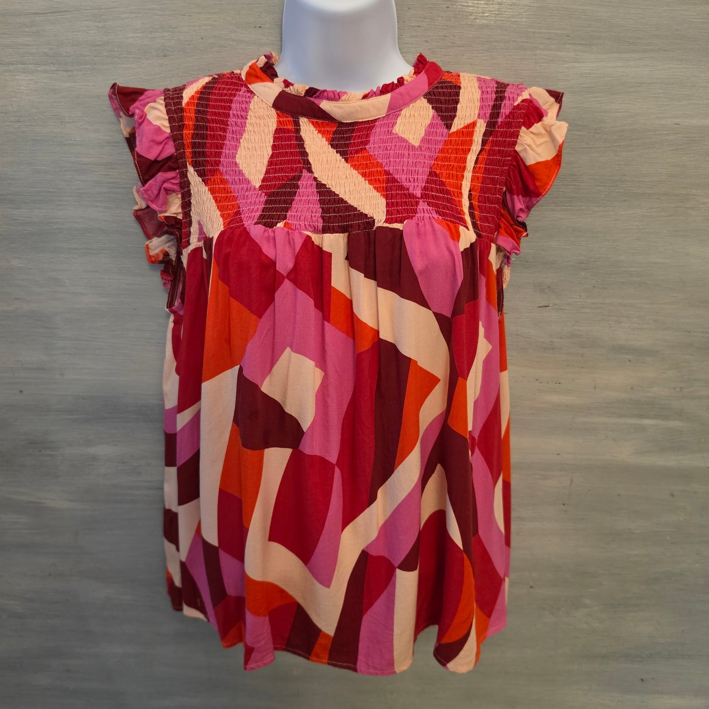 THML Multicolor Abstract Print High Ruffle Collar High Low Blouse Size Medium Good Condition