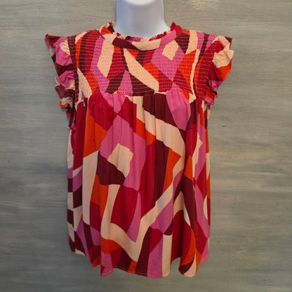 THML Multicolor Abstract Print High Ruffle Collar High Low Blouse Size Medium Good Condition