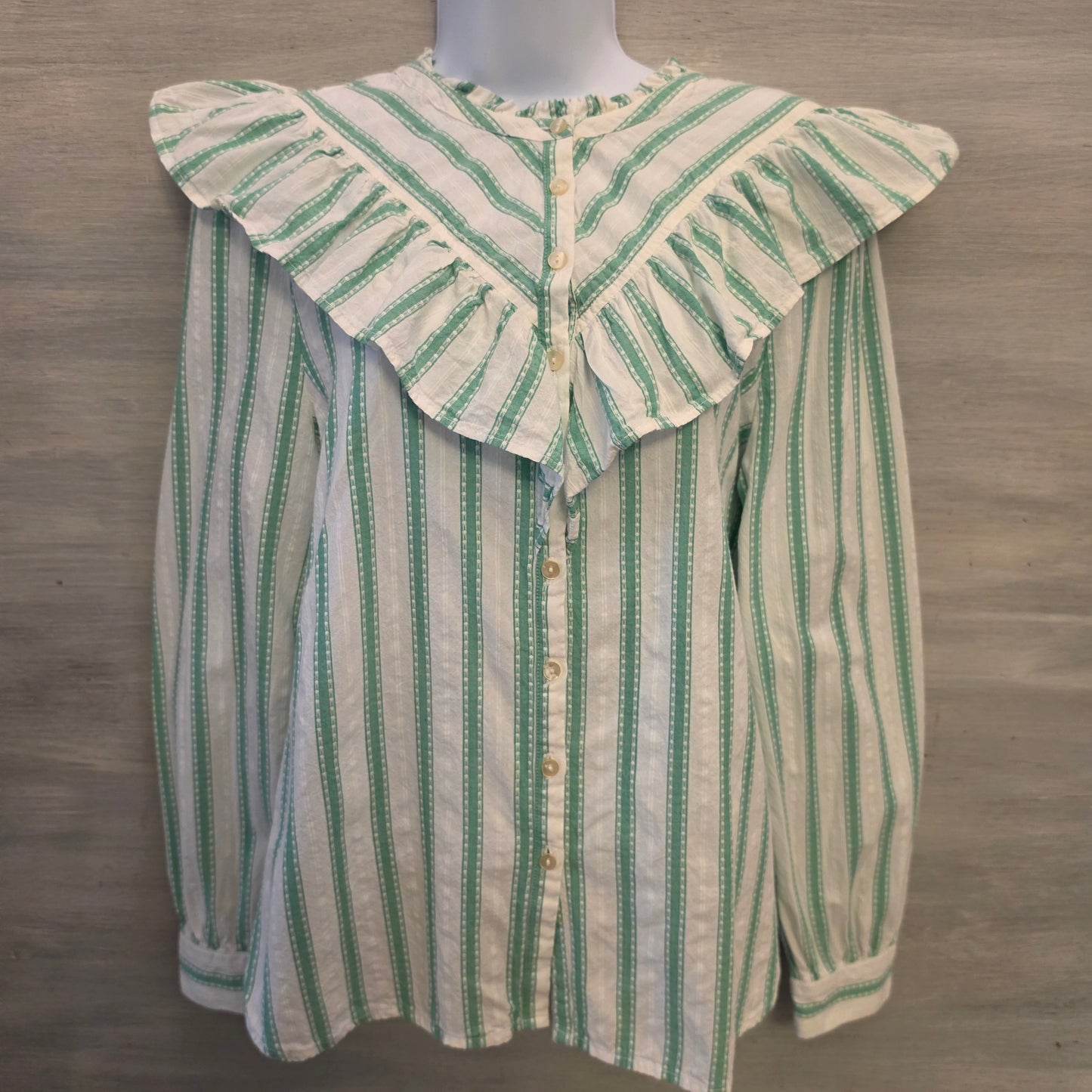 Loft 100% Cotton Dobby Striped Ruffle Front Button Down Shirt Size Medium Good Condition