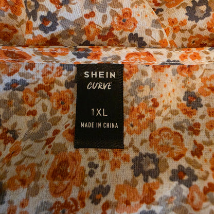 Shein Curve Peach Floral Print Vneck Tie Front Babydoll Blouse Size 1X Good Condition