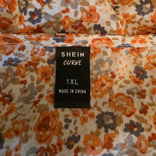 Shein Curve Peach Floral Print Vneck Tie Front Babydoll Blouse Size 1X Good Condition