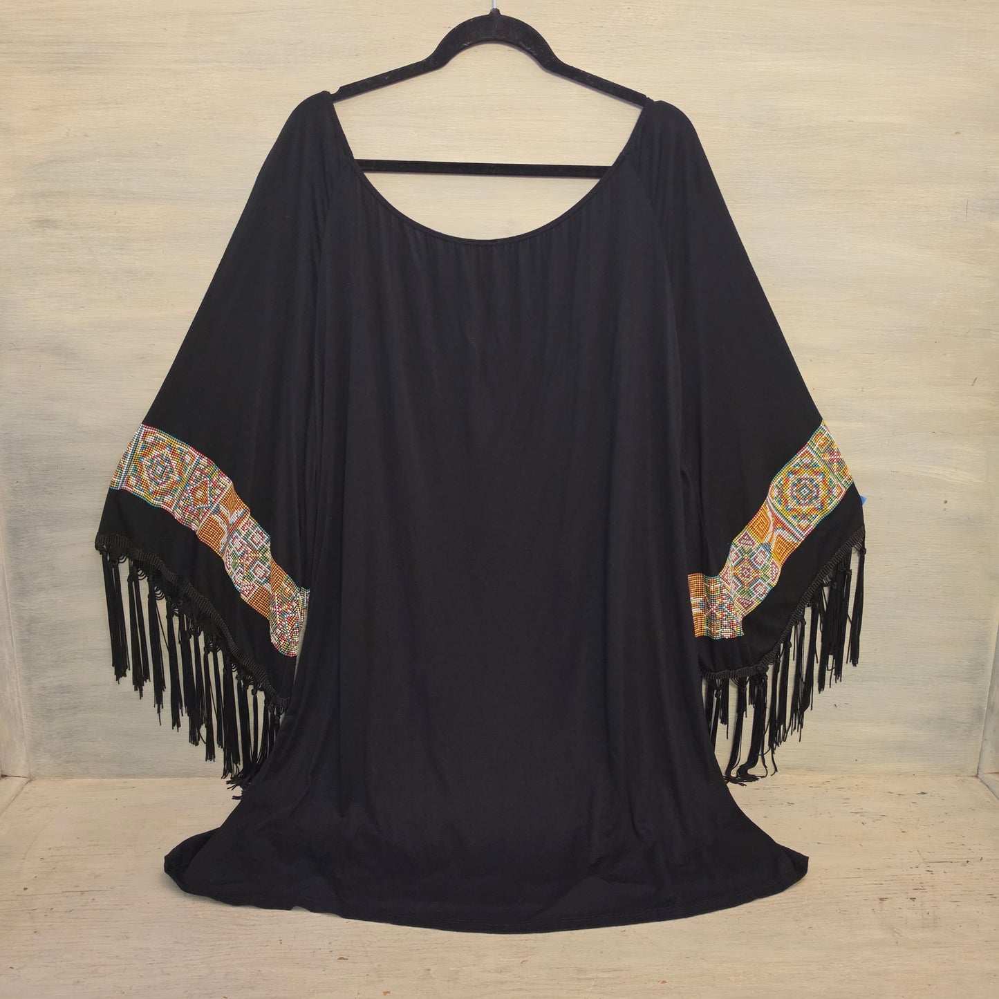 Voll Black Oversized Kaftan Dress w/ Aztec Block Print Batwing Sleeves Size 2XL Good Condition