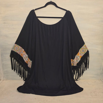 Voll Black Oversized Kaftan Dress w/ Aztec Block Print Batwing Sleeves Size 2XL Good Condition