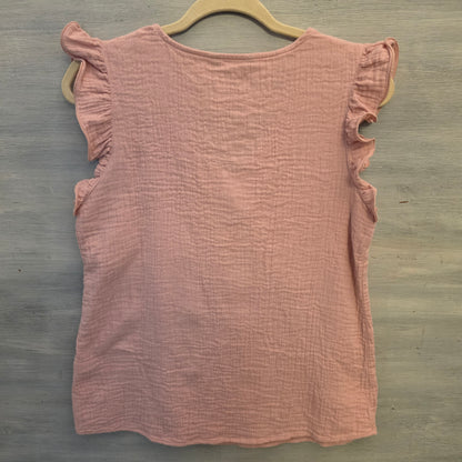 Dokotoo 100% Cotton Blush Pink Muslin Ruffle Cap Sleeve Vneck Blouse Size Small Good Condition