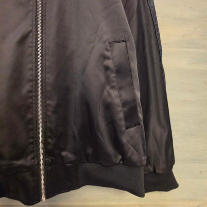 H&M Black Satiny Unisex Embroidered Floral Sunburst Bomber Jacket Size Large Good Condition