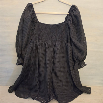 Entro Black Checked Puffed Balloon Sleeve Babydoll Mini Dress Size Large Good Condition