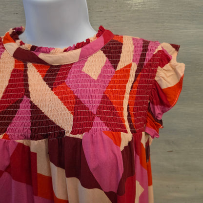 THML Multicolor Abstract Print High Ruffle Collar High Low Blouse Size Medium Good Condition