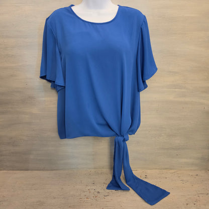 Vince Camuto Royal Blue Oversize Flutter Sleeve Side Knot Hem Blouse Size Large Good Condition
