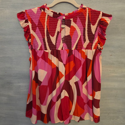 THML Multicolor Abstract Print High Ruffle Collar High Low Blouse Size Medium Good Condition