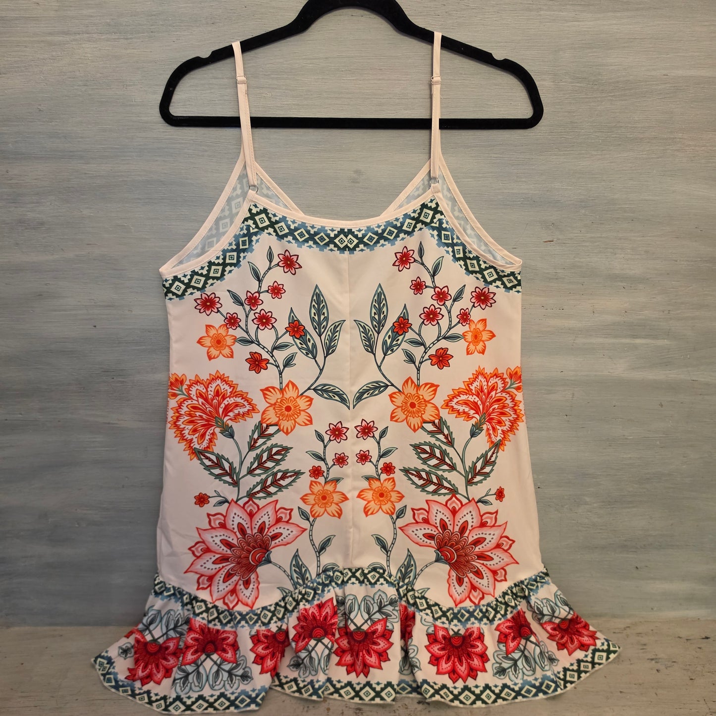 Shein Geometric and Floral Print Vneck Mini Slip Dress w/ Ruffle Hem Size Medium Good Condition