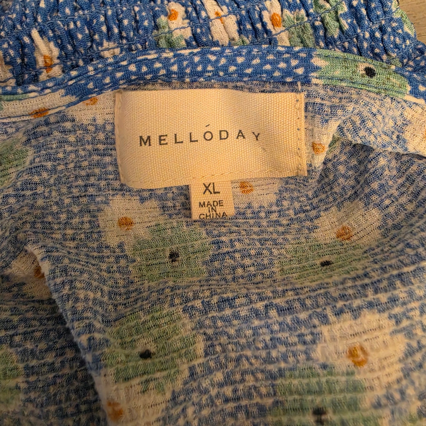 Melloday Sky Blue White Green Daisy Print Vneck Blouse Size XL Good Condition