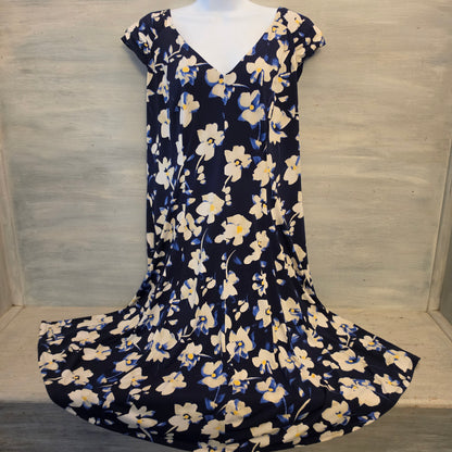 London Times Navy Floral Print Vneck Fit & Flare Midi Dress Size 2XL Good Condition