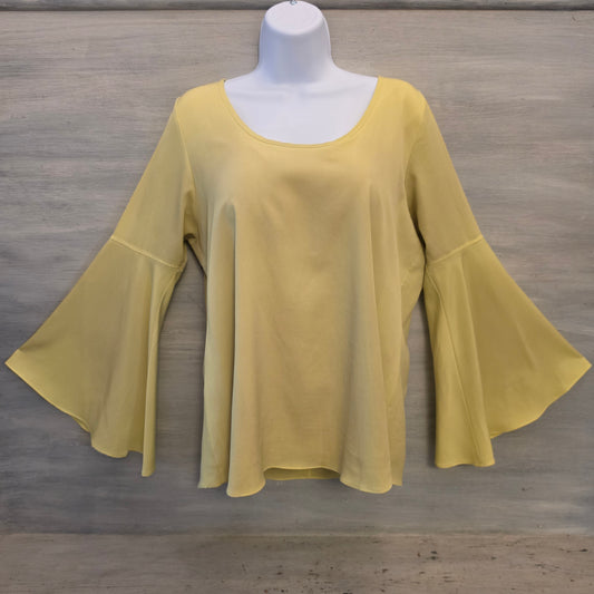 Va Va by Joy Han Chartreuse Green Scoop Neck Bell Sleeve Blouse Size Large Good Condition