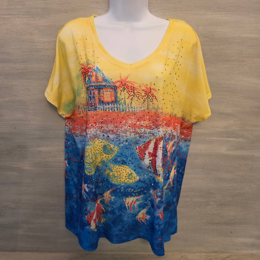 Onque Casuals Tropical Print Beaded Multi Color Vneck Tshirt Size XL Good Condition
