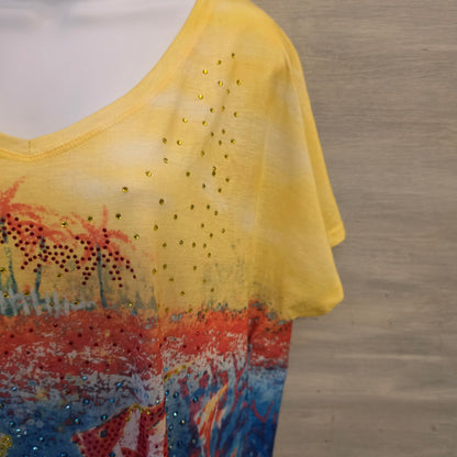 Onque Casuals Tropical Print Beaded Multi Color Vneck Tshirt Size XL Good Condition