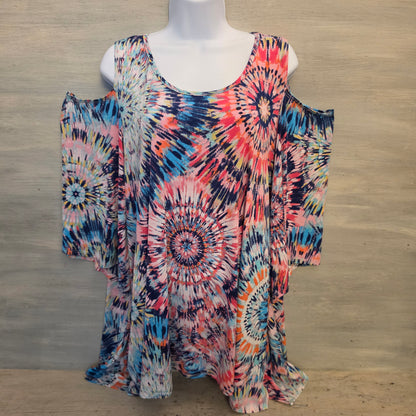 Vibrant Multicolor Tie Dye Cut Out Cold Shoulder Tunic Top Size 2XL Good Condition