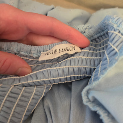 Pinup Fashion Pale Blue Swiss Dot Above Knee Baby Doll Dress Size Large Good Condition