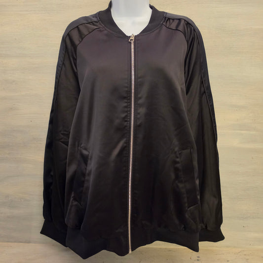 H&M Black Satiny Unisex Embroidered Floral Sunburst Bomber Jacket Size Large Good Condition