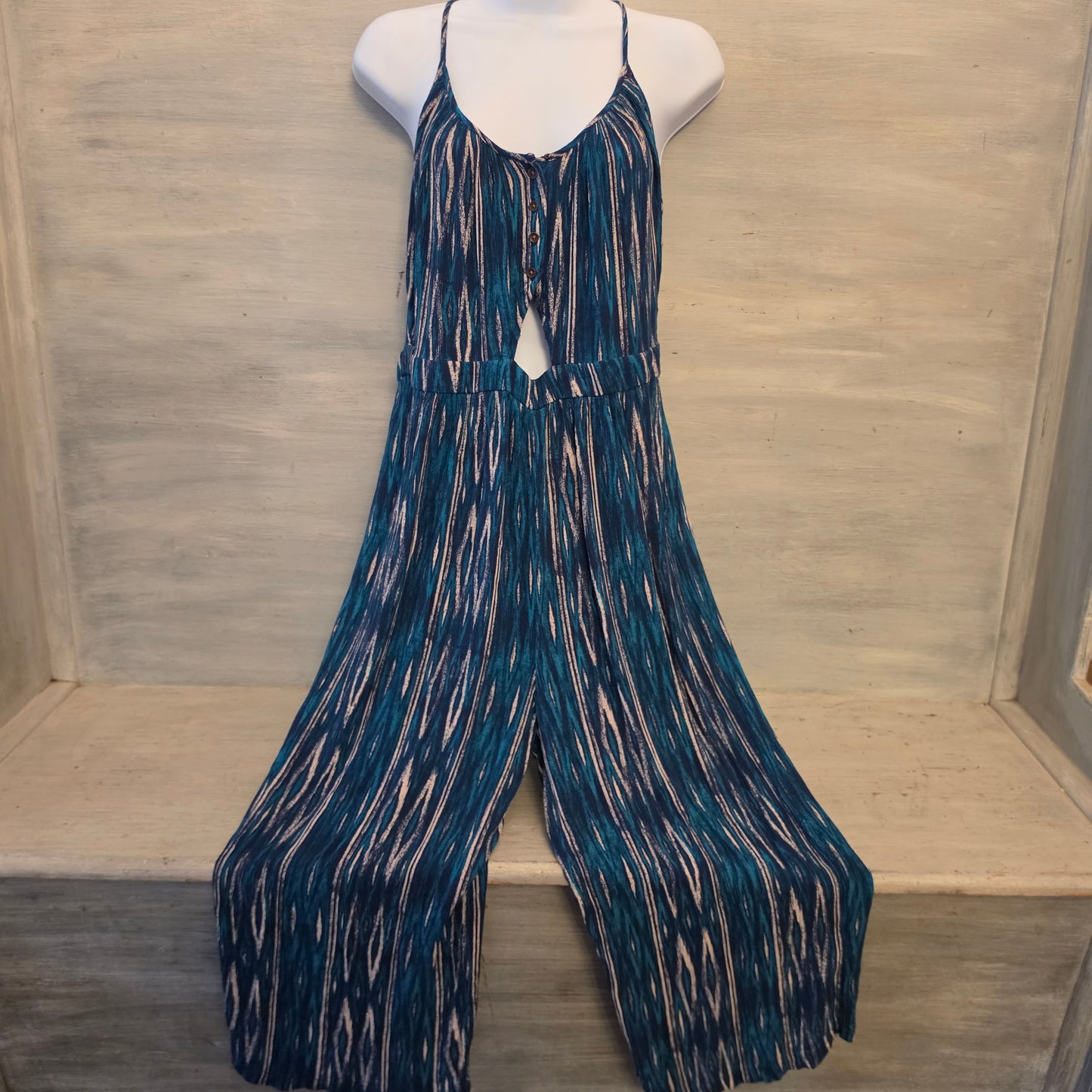 Xhilaration Abstract Wave Print Racerback Wide Leg Cropped Jumpsuit Size Large Good Condition