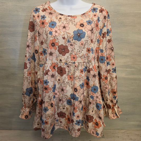 Emery Rose Multicolor Earth Toned Floral Print Tiered Hem Blouse Size Medium Good Condition
