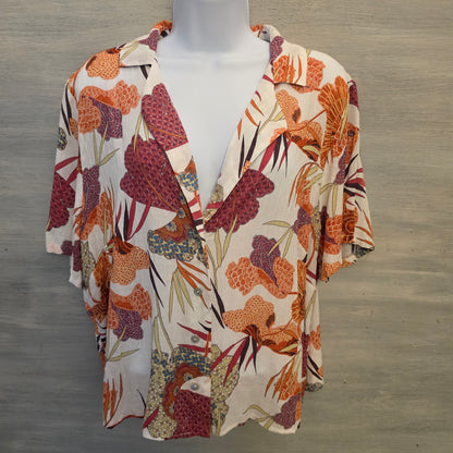 Rachel Zoe Multicolor Floral Deep Collared Vneck Button Down Blouse Size XL Good Condition